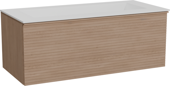 Balmani Forma meuble salle de bains suspendu 120 x 55 cm chêne naturel avec Tablo Stretto lavabo simple pour 2 trous de robinet en solid surface blanc mat, Nervure droite symétrique horizontale