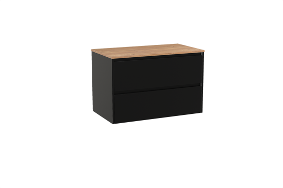 Storke Seda hängendes Möbelstück Set: 95 x 52 cm, Schwarz matt, mit Panton Einzel Waschtischplatte, Melamin Rohe Eiche