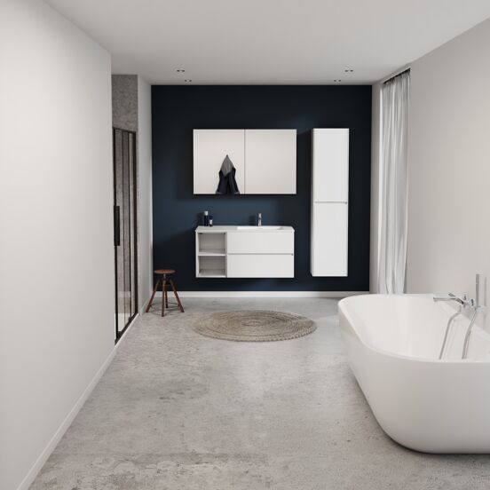Storke Edge meuble salle de bains suspendu 110 x 52 cm blanc brillant avec Mata plan vasque asymétrique à droite en solid surface blanc mat