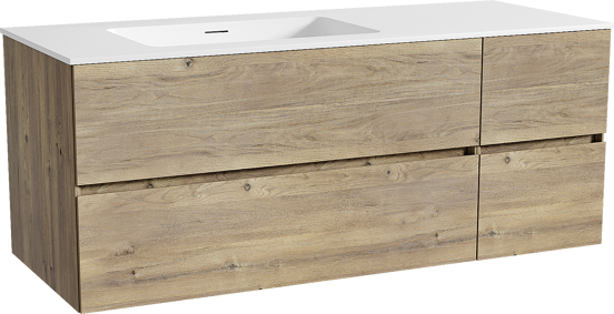 Storke Edge meuble salle de bains suspendu 130 x 52 cm chêne brut avec Mata plan vasque asymétrique à gauche en solid surface blanc mat