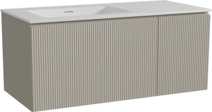 Storke Ribs zwevend badkamermeubel 110 x 52 cm zijdegrijs met Mata asymmetrisch linkse wastafel in solid surface mat wit, Verticale symmetrische rechte ribbel