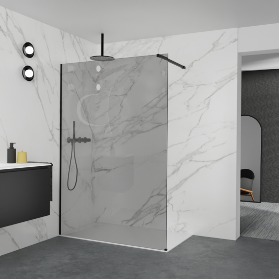 Balmani Modular inloopdouche: 140 x 200 cm, Rookglas, Mat zwarte profielen