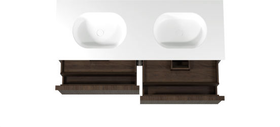 Balmani Forma zwevend badkamermeubel 150 x 55 cm gerookte eik met Tablo Oval dubbele wastafel in solid surface mat wit, Verticale symmetrische rechte ribbel