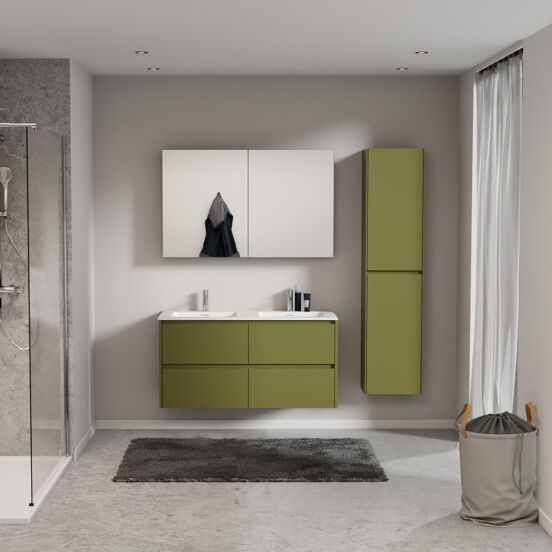 Storke Seda zwevend badmeubel 120 x 52 cm olijfgroen met Mata dubbele wastafel in solid surface mat wit