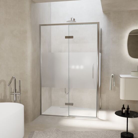 Balmani Senses Design douchehoek met linkse draaideur en vaste zijwand, 120 x 100 cm, Helder glas met matte strook, Chroom profielen, met coating