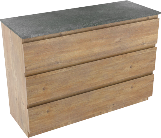 Linie Lado staand badkamermeubel 120 x 46 cm natuur eik met Lado enkel of dubbel tablet in melamine leisteen grijs