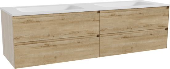 Balmani Mitra hängendes Möbelstück Set: 180 x 55 cm, Rohe Eiche, mit Tablo Strada Doppelwaschtisch, Marmorkomposit Weiß matt