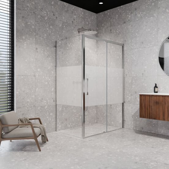 Balmani Senses Design douche d'angle avec porte coulissante à droite et paroi latérale fixe, 120 x 90 cm, Verre transparent avec bande mate, Profil Chrome brillant, coating inclus