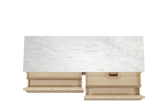 Balmani Forma hängendes Möbelstück Set: 180 x 55 cm, Naturbelassene Eiche, mit Stretto Einzel- oder Doppel Waschtischplatte, Marmor, Carrara, Vertikale asymmetrische Runde Rippe