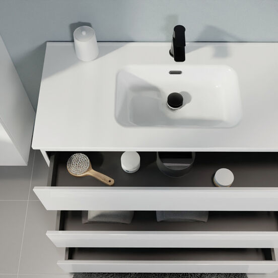 Linie Lado meuble salle de bains à poser 80 x 46 cm blanc brillant avec Baro plan simple en porcelaine blanc brillant