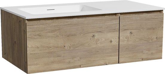 Storke Edge zwevend badmeubel 100 x 52 cm ruw eiken met Mata asymmetrisch linkse wastafel in solid surface mat wit