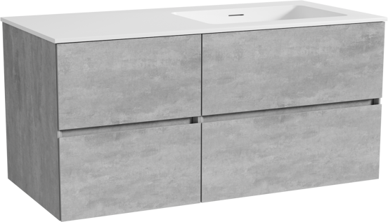 Storke Edge meuble salle de bains suspendu 110 x 52 cm béton gris foncé avec Mata vasque asymétrique droite en solid surface blanc mat