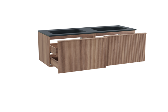 Balmani Forma hängendes Möbelstück Set: 150 x 55 cm, Teak, mit Tablo Strada Doppelwaschtisch, Marmorkomposit, Schwarz matt, Vertikale symmetrische gerade Rippe