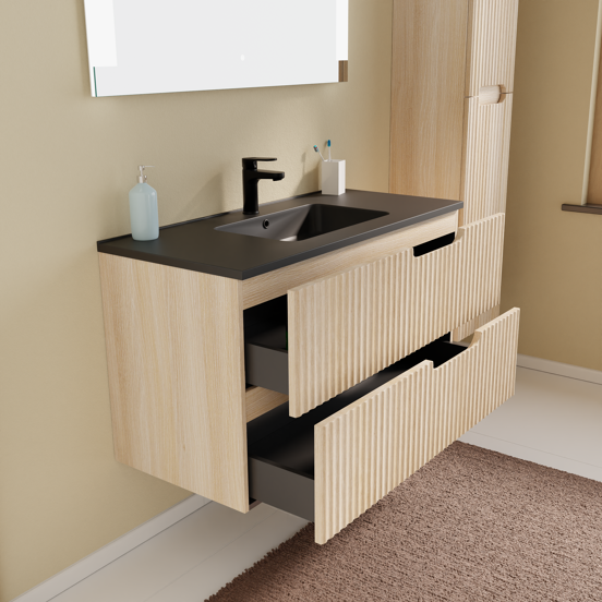 Linie Ribbo meuble salle de bains suspendu 100 x 46 cm chêne clair avec Vano plan simple en marbre composite noir mat, Nervure circulaire symétrique verticale