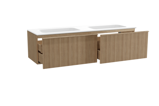 Balmani Forma zwevend badkamermeubel 180 x 55 cm natuur eik met Tablo Strada dubbele wastafel in composietmarmer mat wit, Verticale symmetrische rechte ribbel