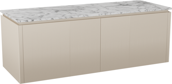 Balmani Eclips hängendes Möbelstück Set: 150 x 55 cm, Sandbeige, mit Stretto Einzel- oder Doppel Waschtischplatte Carrara-Marmor, Vertikale symmetrische gerade Rippe