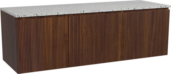 Storke Ribs hängendes Möbelstück Set: 150 x 52 cm, Nussbaum, mit Tavola Einzel- oder Doppel Waschtischplatte, Terrazzo in Weiß/Schwarz matt, Vertikale symmetrische gerade Rippe