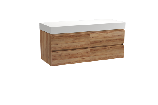 Balmani Lucida zwevend badkamermeubel 135 x 55 cm teak met Dominus enkel of dubbel tablet in solid surface mat wit