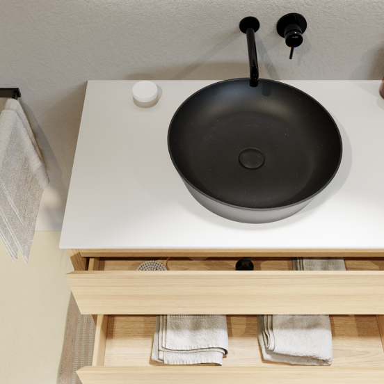 Balmani Mitra meuble salle de bains suspendu 90 x 55 cm chêne naturel avec Stretto tablette simple en solid surface blanc mat
