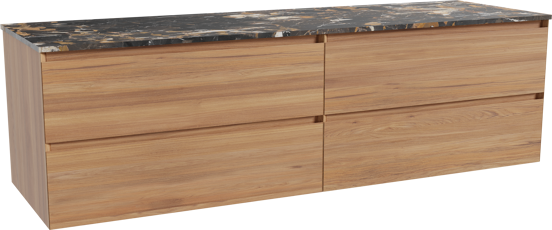 Balmani Mitra hängendes Möbelstück Set: 180 x 55 cm, Teak, mit Stretto Einzel- oder Doppel Waschtischplatte, Marmor Portoro Gold