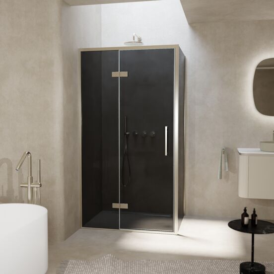 Balmani Senses Design douchehoek met linkse draaideur en vaste zijwand, 100 x 100 cm, Rookglas, Brushed CoolMetal profielen, met coating
