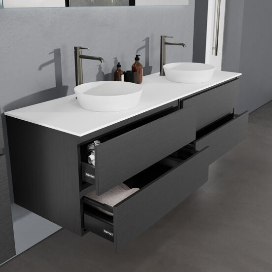 Balmani Lucida meuble salle de bains suspendu 180 x 55 cm chêne noir avec Stretto tablette simple ou double en solid surface blanc mat