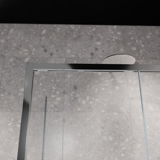 Balmani Senses Design douche d'angle avec porte coulissante à droite et paroi latérale fixe, 120 x 90 cm, Verre transparent avec bande mate, Profil Chrome brillant, coating inclus