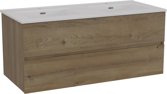 Storke Edge hängendes Möbelstück Set: 120 x 52 cm, Raue Eiche, mit Kera Doppelwaschtisch, Keramik Weiß matt