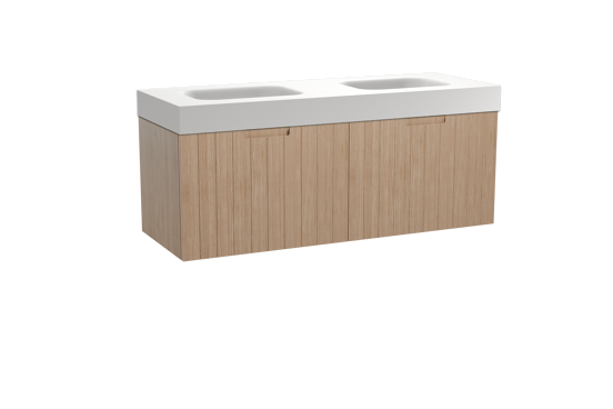 Balmani Adagio zwevend badkamermeubel 150 x 55 cm verweerde eik met Arcato dubbele wastafel in solid surface mat wit