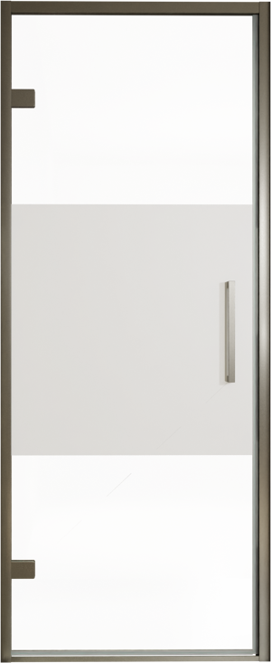 Balmani Senses Design Dusche Drehtür, Links, 90 cm x 210 cm, Klarglas mit mattiertem Streifen, Profil Brushed GunMetal, inklusive Coating