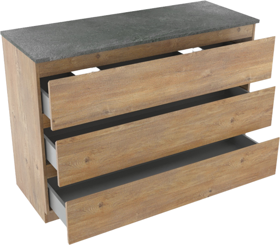 Linie Lado staand badkamermeubel 120 x 46 cm natuur eik met Lado enkel of dubbel tablet in melamine leisteen grijs