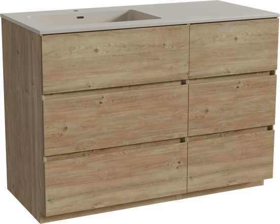 Storke Edge freistehendes Möbelstück Set: 110 x 52 cm, Rohe Eiche, mit Diva Waschtisch links, Top Solid Seidengrau