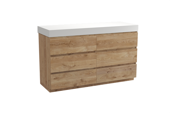Balmani Lucida meuble salle de bains à poser 150 x 55 cm chêne brut avec Dominus tablette simple ou double en solid surface blanc mat