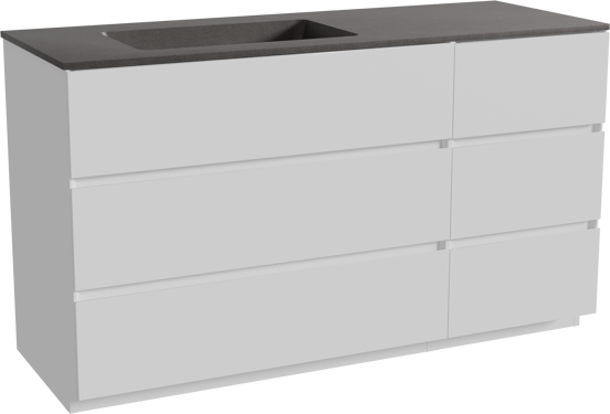 Storke Edge staand badmeubel 140 x 52 cm mat wit met Scuro asymmetrisch linkse wastafel in kwarts mat zwart