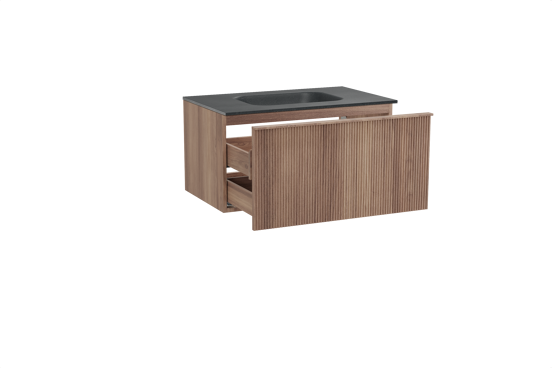 Balmani Forma zwevend badkamermeubel 90 x 55 cm teak met Tablo Arcato enkele wastafel in graniet zwart, Verticale symmetrische rechte ribbel