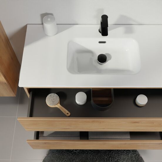 Linie Lado meuble salle de bains suspendu 80 x 46 cm chêne naturel avec Baro plan simple en porcelaine blanc brillant