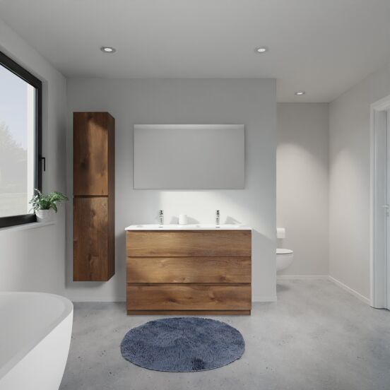Linie Lado meuble salle de bains à poser 120 x 46 cm chêne brun avec Baro double vasque en porcelaine blanc mat