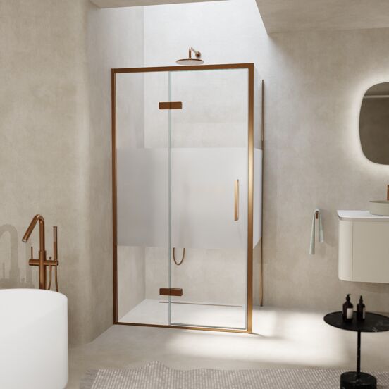 Balmani Senses Design douchehoek met linkse draaideur en vaste zijwand, 100 x 100 cm, Helder glas met matte strook, Brushed Rosegold profielen, met coating