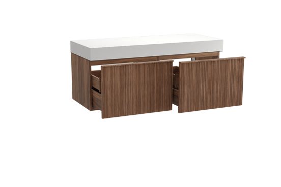 Balmani Forma hängendes Möbelstück Set: 135 x 55 cm, Amerikanischer Nussbaum, mit Dominus Einzel- oder Doppel Waschtischplatte, Solid Surface, Weiß matt, Vertikale asymmetrische Runde Rippe