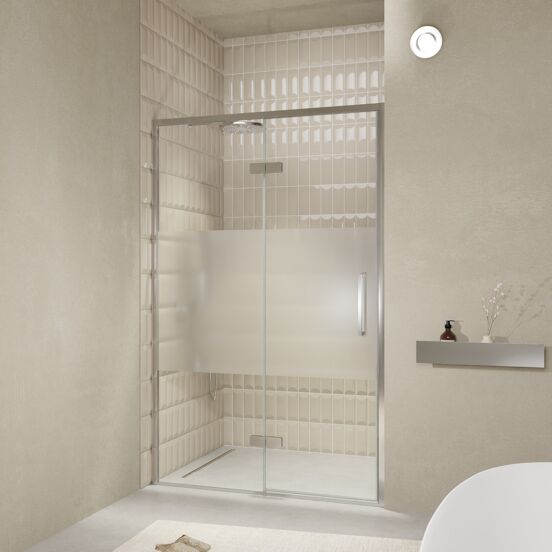 Balmani Senses Design douche draaideur links 140 cm x 210 cm Helder glas met matte strook, Chroom profielen, met coating