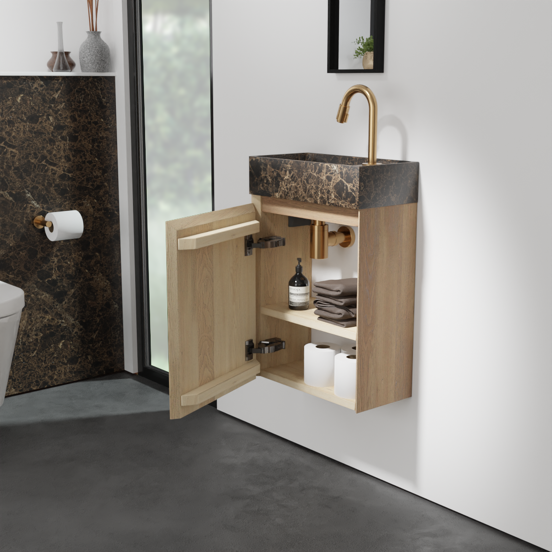 Balmani Mitra hängendes WC-Möbel-Set, 42 x 21 cm, Eiche Natur, mit Dama Waschtisch in Dark Emperador Marmor