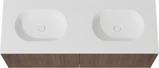 Balmani Eclips zwevend badkamermeubel 150 x 55 cm Amerikaanse notelaar met Tablo Oval dubbele wastafel in Solid Surface mat wit, Verticale symmetrische rechte ribbel