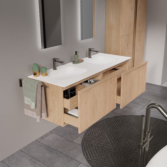 Balmani Forma zwevend badkamermeubel 150 x 55 cm natuur eik met Tablo Arcato dubbele wastafel in solid surface mat wit, Verticale symmetrische rechte ribbel