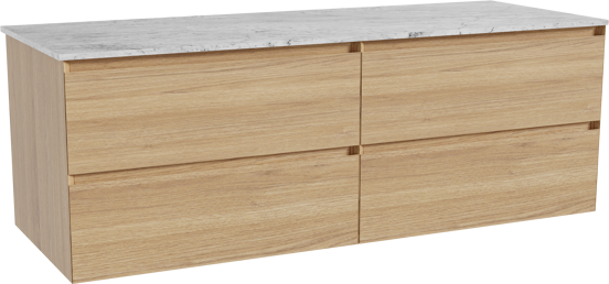 Balmani Mitra zwevend badkamermeubel 150 x 55 cm natuur eik met Stretto enkel of dubbel tablet in marmer carrara