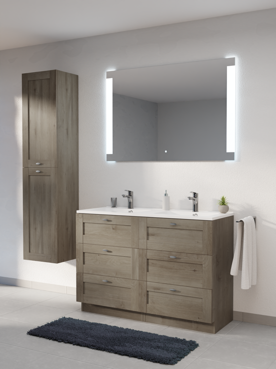 Linie Classo staand badkamermeubel 120 x 46 cm grijze eik met Vano dubbele wastafel in composietmarmer glanzend wit