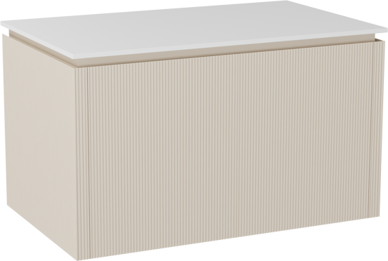 Balmani Eclips meuble salle de bains suspendu 90 x 55 cm Sandbeige avec Stretto tablette simple en Solid Surface blanc mat, Nervure droite symétrique verticale