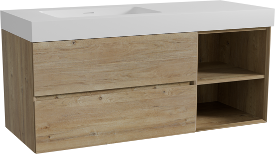 Storke Edge zwevend badmeubel 130 x 52 cm ruw eiken met Mata High asymmetrisch linkse wastafel in solid surface mat wit