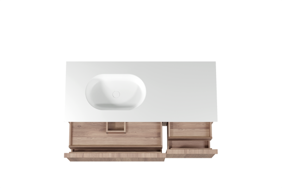 Balmani Forma meuble salle de bains suspendu 135 x 55 cm teck avec Tablo Oval vasque asymétrique gauche en solid surface blanc mat, Nervure droite symétrique verticale