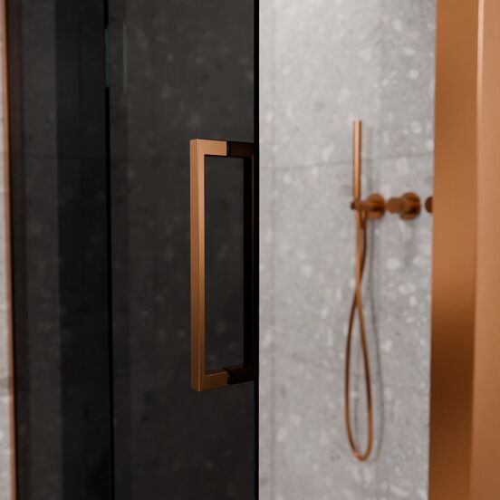 Balmani Senses Design douchehoek met linkse schuifdeur en vaste zijwand, 160 x 90 cm, Rookglas, Brushed Rosegold profielen, met coating