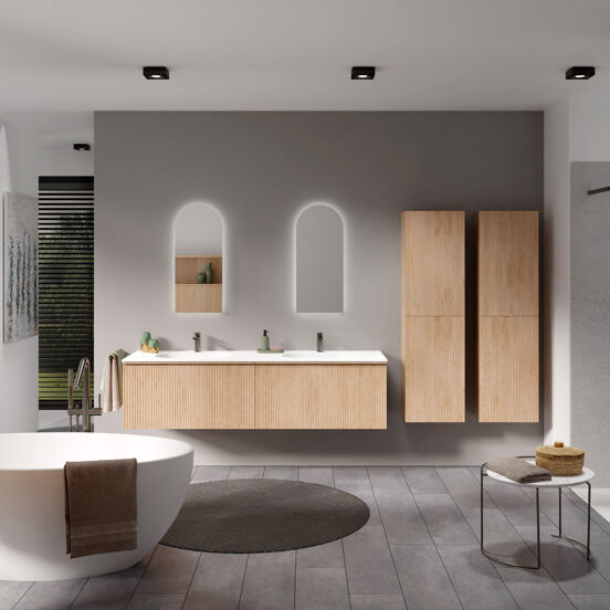 Balmani Forma meuble salle de bains suspendu 180 x 55 cm chêne naturel avec Tablo Oval double vasque en solid surface blanc mat, Nervure droite symétrique verticale